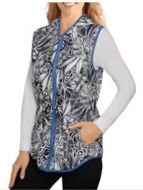 Ruby Rd. Black & White Floral Sleeveless Zip Vest with Blue Trim